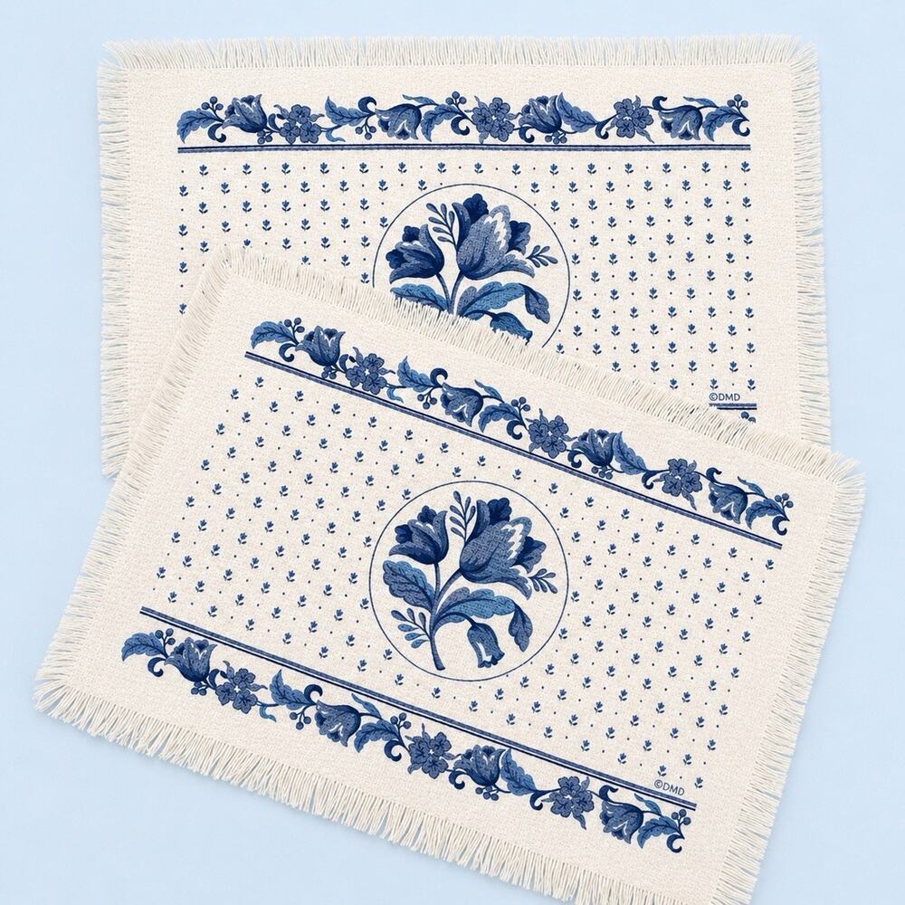 Set of 2 Vintage Pfaltzgraff Blue Floral Fringed Placemats 12x18 Cottage Core